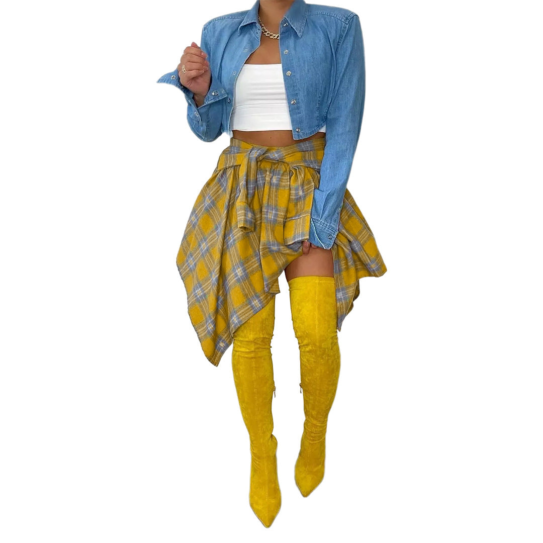 Plaid front-tie irregular hem short skirt