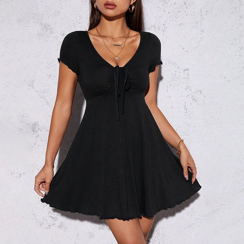 Pleated V-neck Ruffled Short-Sleeve Dress