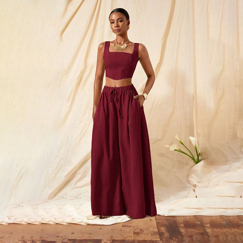 Square-neck cropped top and wide-leg trousers set