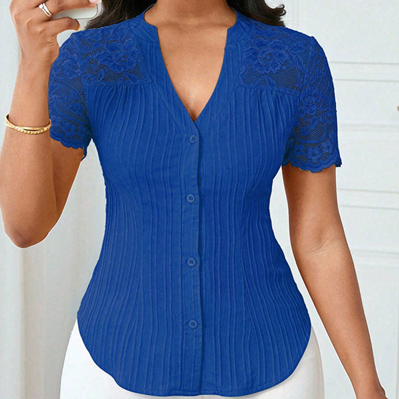 Short-sleeve V-neck shirt with lace splicing