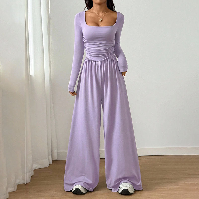 Square neck long sleeves fitted waist wide-leg jumpsuit