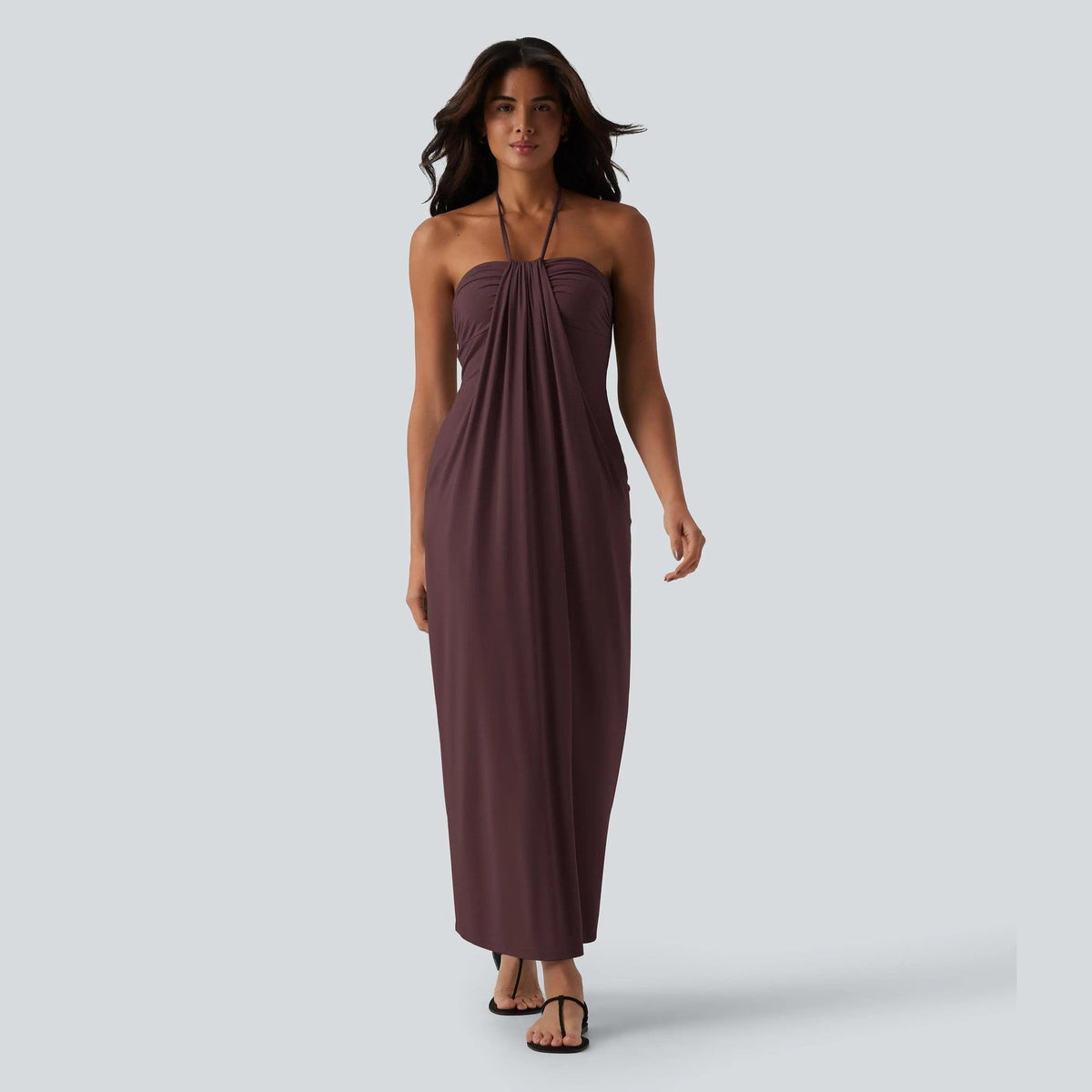 Draped, form-fitting halter maxi dress