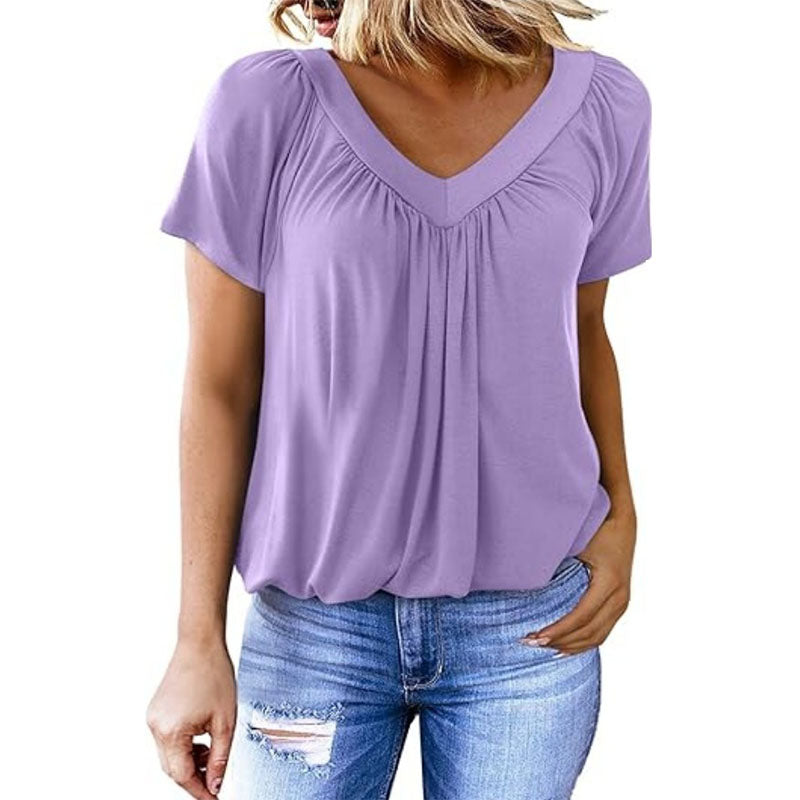 Casual V-neck pleated short-sleeve top