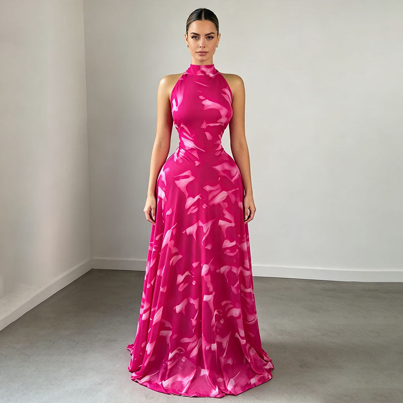 Resort-style printed turtleneck fitted pleated dress