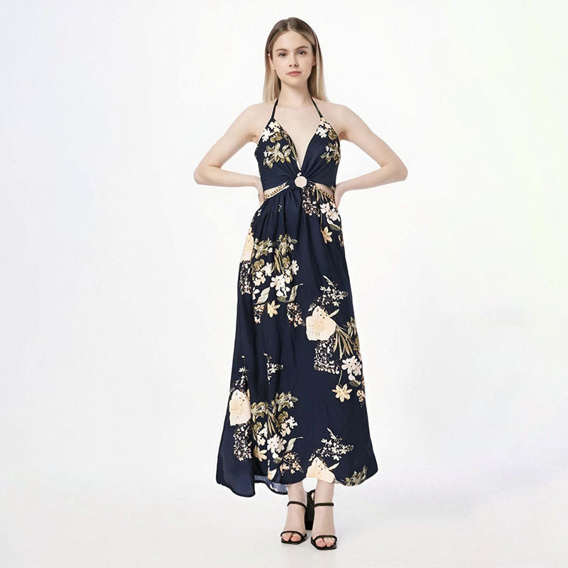 Deep V-neck backless high slit tropical print dress