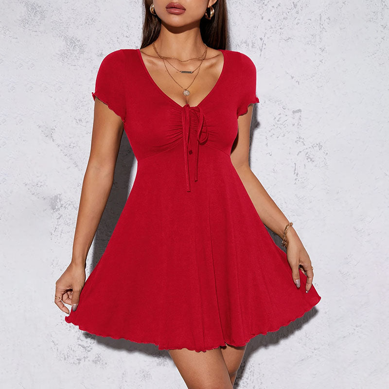 Pleated V-neck Ruffled Short-Sleeve Dress
