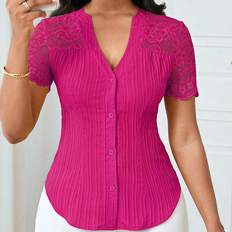 Short-sleeve V-neck shirt with lace splicing