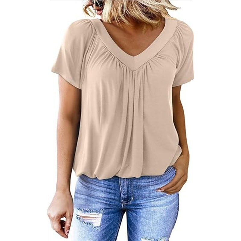 Casual V-neck pleated short-sleeve top