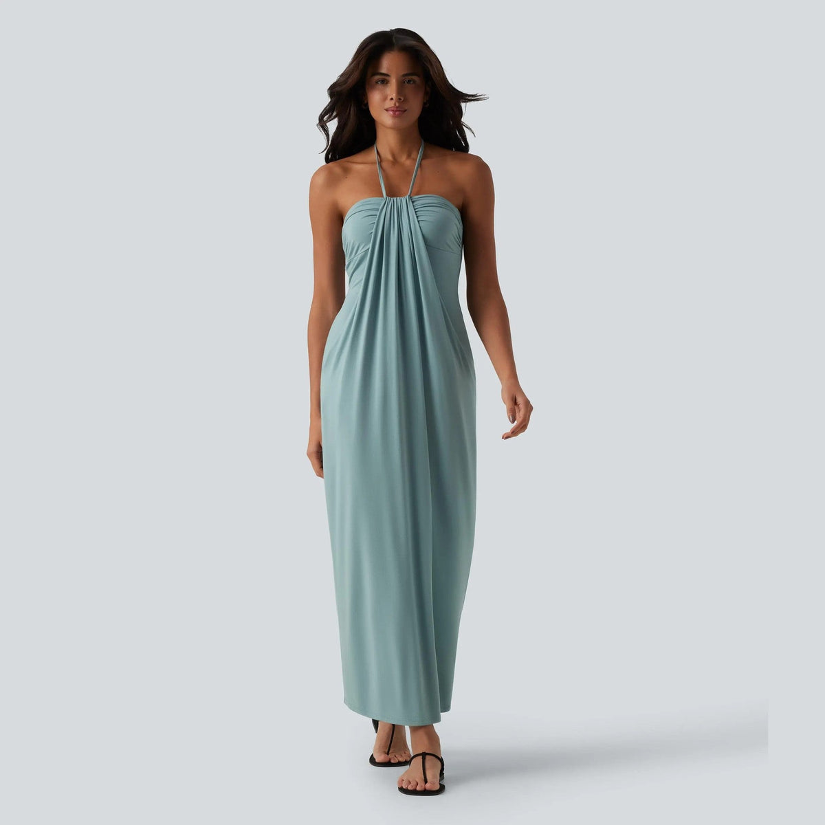Draped, form-fitting halter maxi dress
