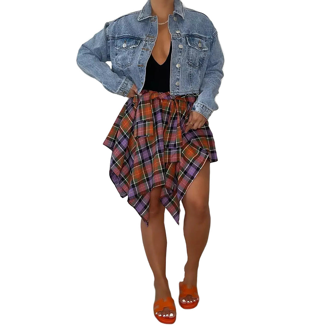 Plaid front-tie irregular hem short skirt
