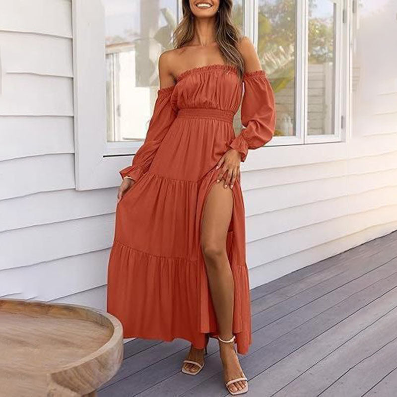 Off-shoulder long-sleeved cinched waist layered dress