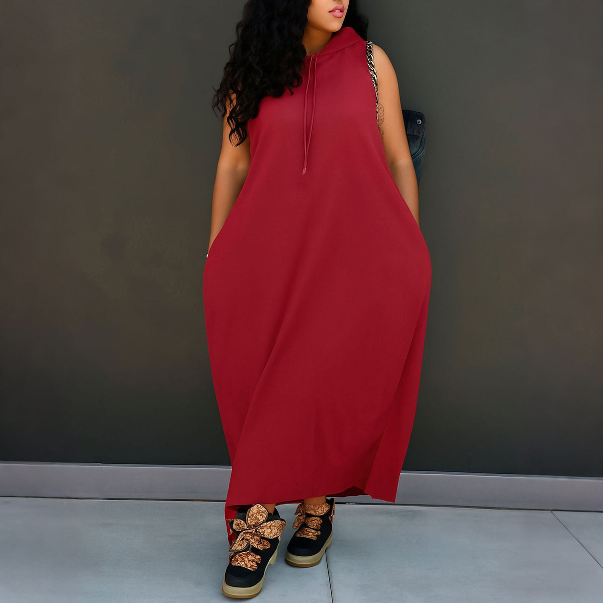 Sleeveless hooded loose-fitting dress