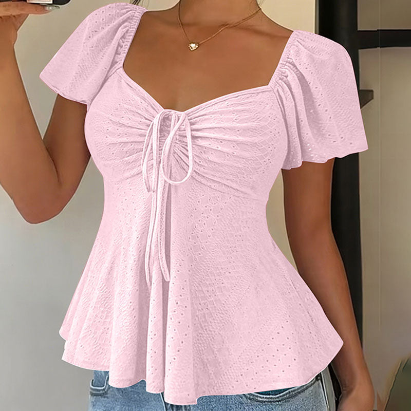 V-neck cut-out embroidered peplum top