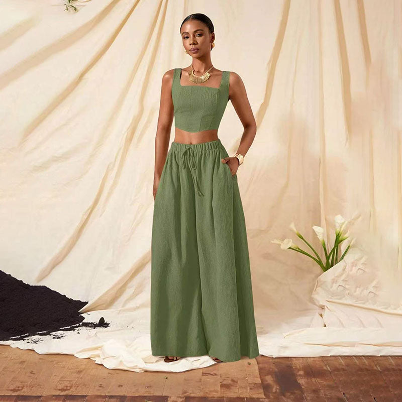 Square-neck cropped top and wide-leg trousers set