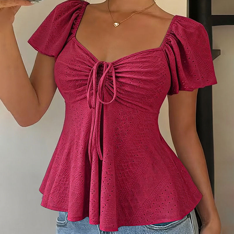 V-neck cut-out embroidered peplum top