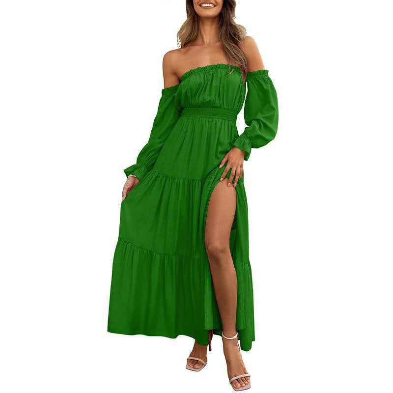 Off-shoulder long-sleeved cinched waist layered dress