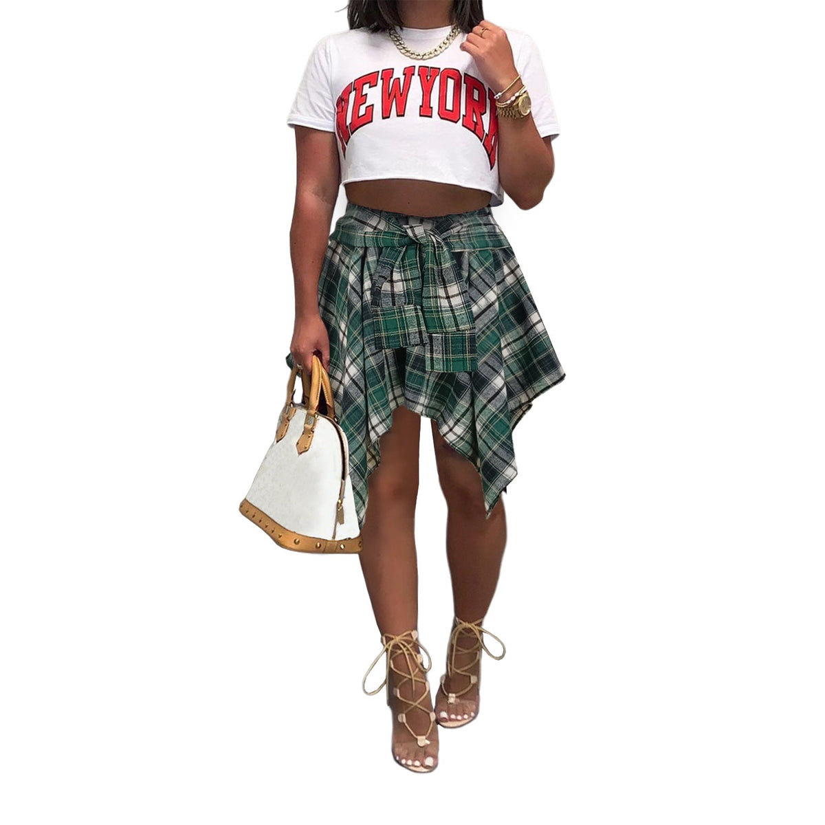 Plaid front-tie irregular hem short skirt