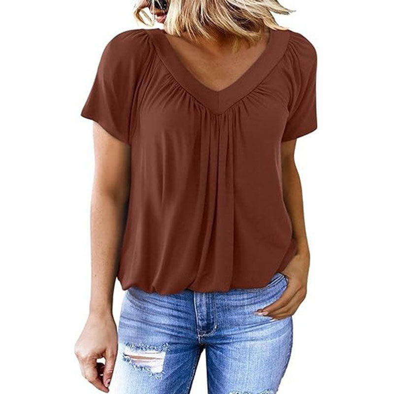 Casual V-neck pleated short-sleeve top