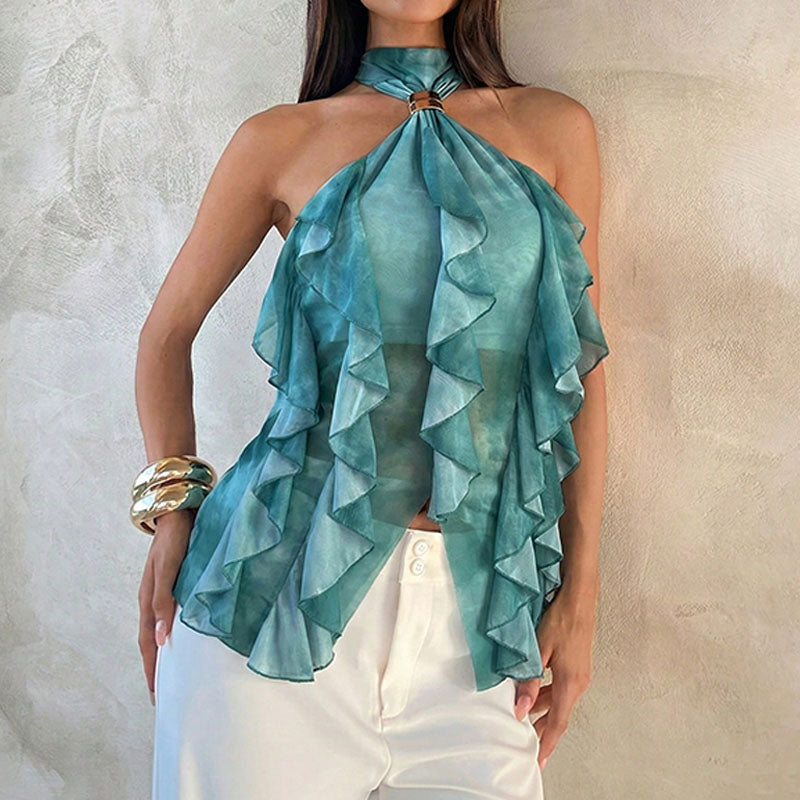 Irregular hem ruffle halter top