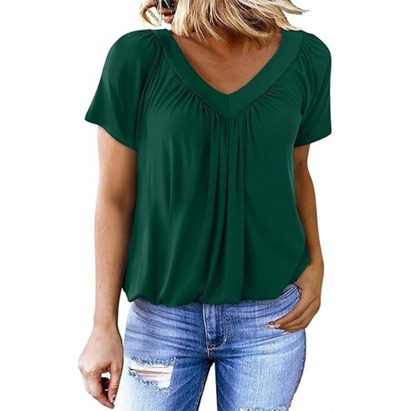 Casual V-neck pleated short-sleeve top