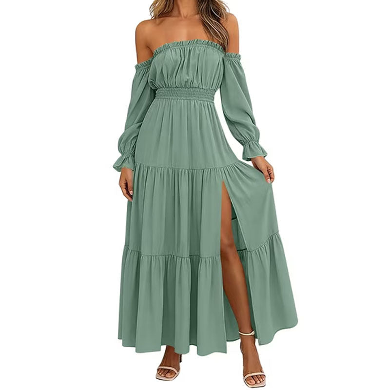 Off-shoulder long-sleeved cinched waist layered dress