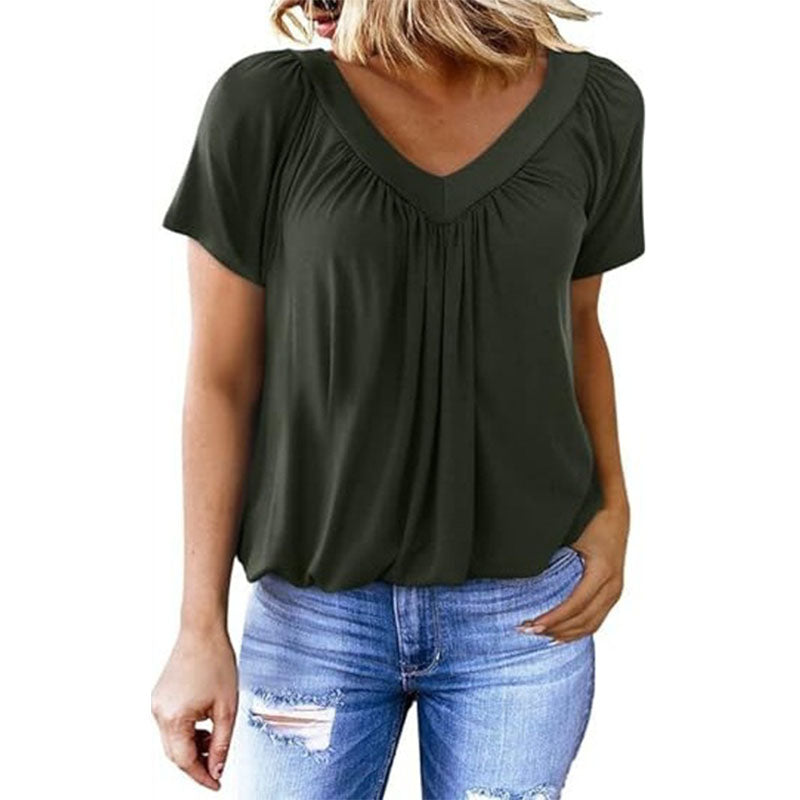 Casual V-neck pleated short-sleeve top