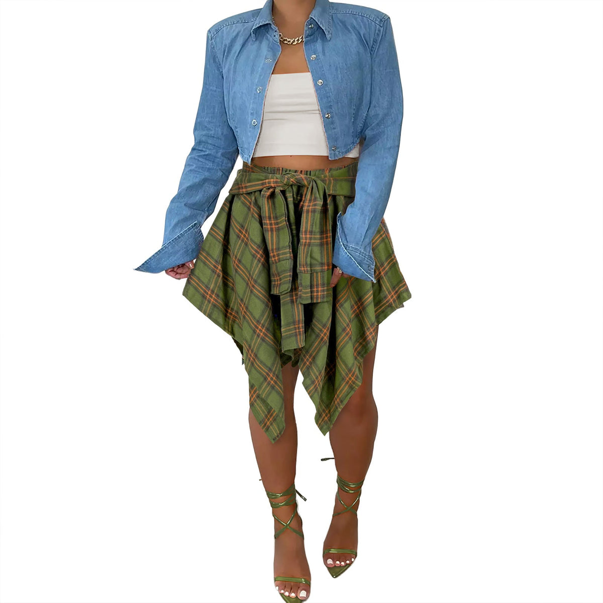 Plaid front-tie irregular hem short skirt