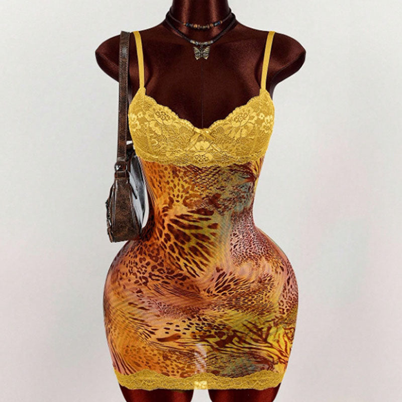 Lace-Trimmed Printed Camisole Dress