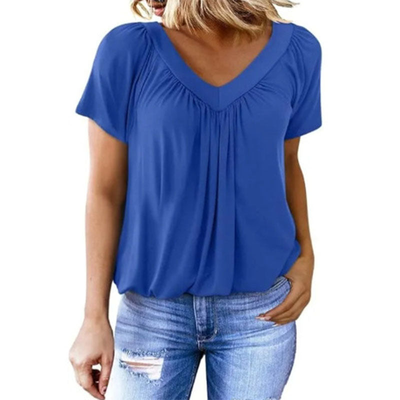 Casual V-neck pleated short-sleeve top