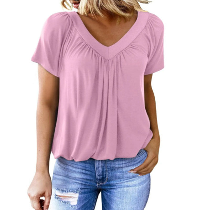 Casual V-neck pleated short-sleeve top