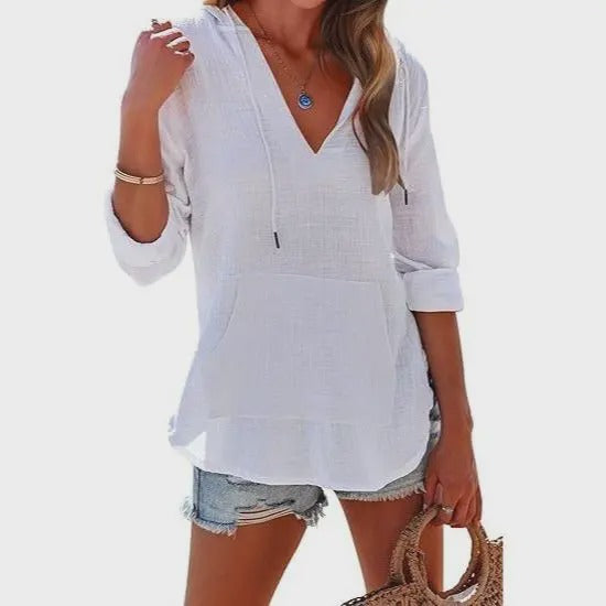 Beach Long-Sleeve V-Neck Hooded Shirt