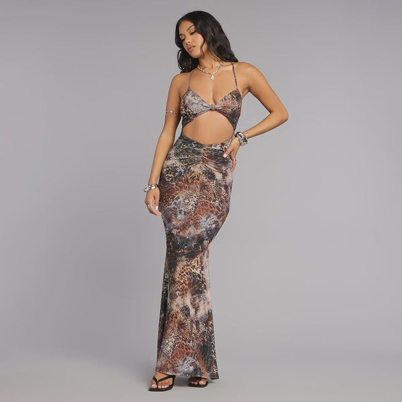 Leopard print back tie-back cutout fishtail dress