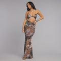 Leopard print back tie-back cutout fishtail dress