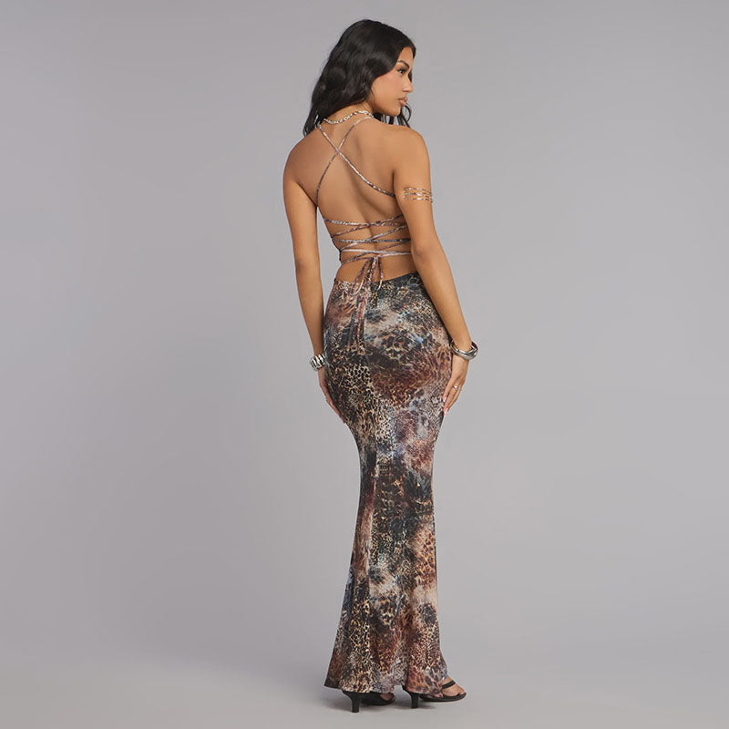 Leopard print back tie-back cutout fishtail dress