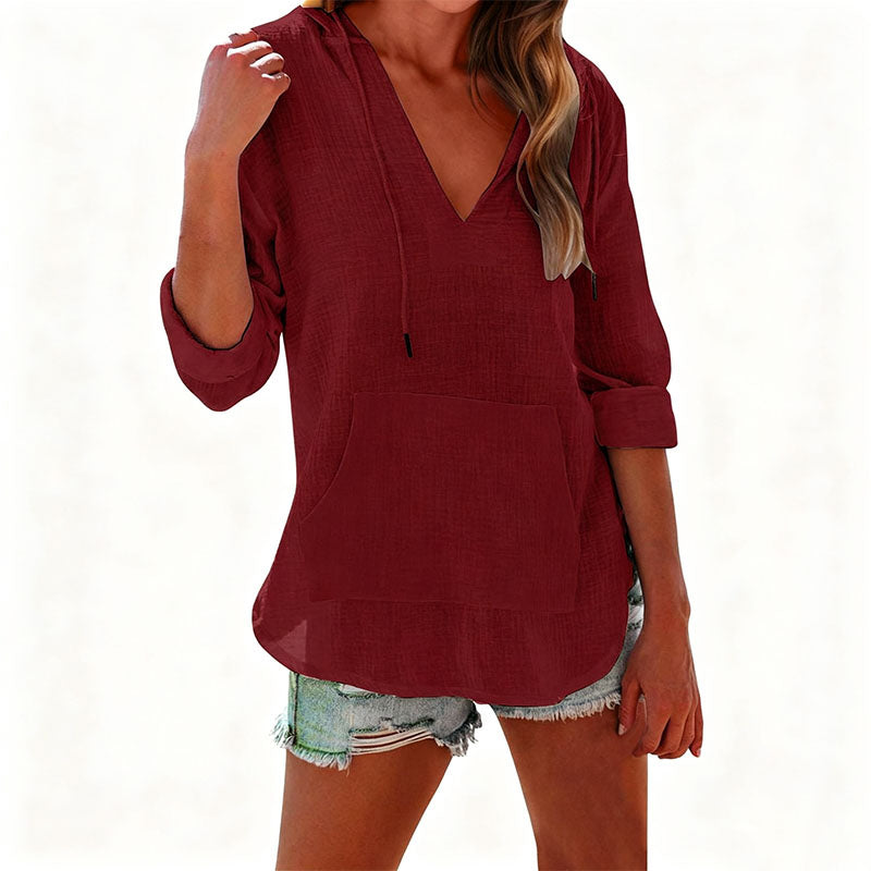 Beach Long-Sleeve V-Neck Hooded Shirt