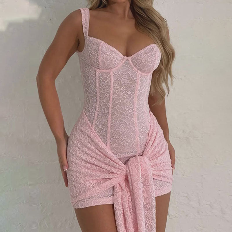Lace-paneled, lace-up, form-fitting camisole dress