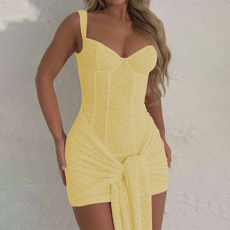Lace-paneled, lace-up, form-fitting camisole dress