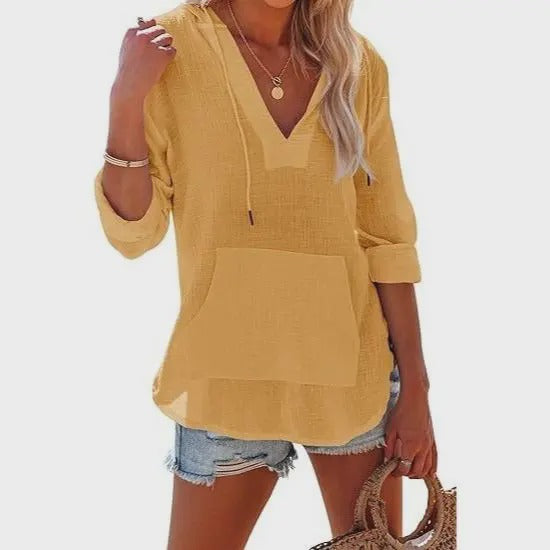 Beach Long-Sleeve V-Neck Hooded Shirt