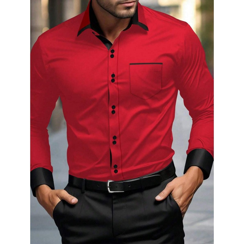 Men's Fashion Color Block Business Lapel Long-Sleeve Shirt