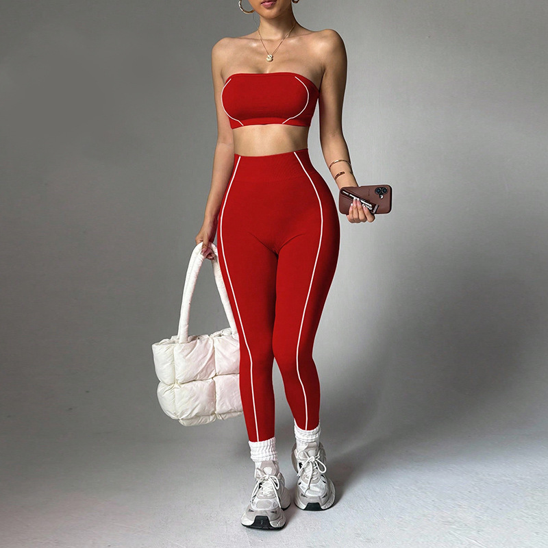 Contrast Piping Bandeau High Waist Yoga Set