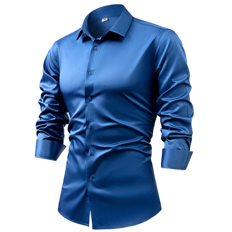 Men's silk satin long-sleeved dress shirt, business casual button-down shirt