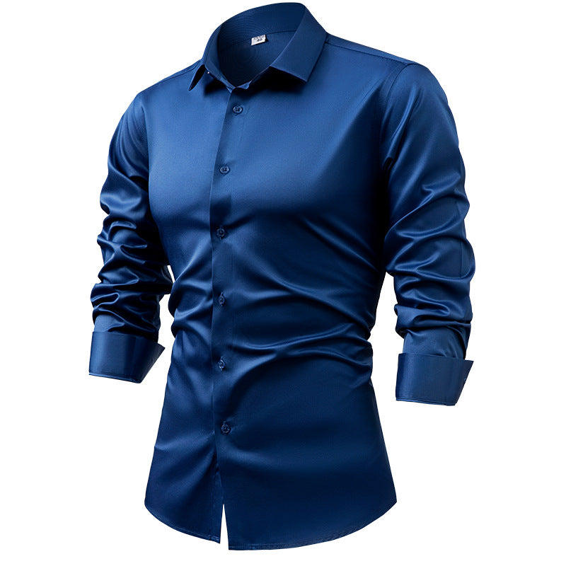 Men's silk satin long-sleeved dress shirt, business casual button-down shirt