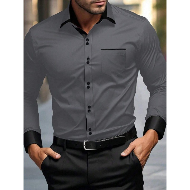 Men's Fashion Color Block Business Lapel Long-Sleeve Shirt