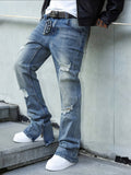 Men's zippered ripped washed high-street jeans