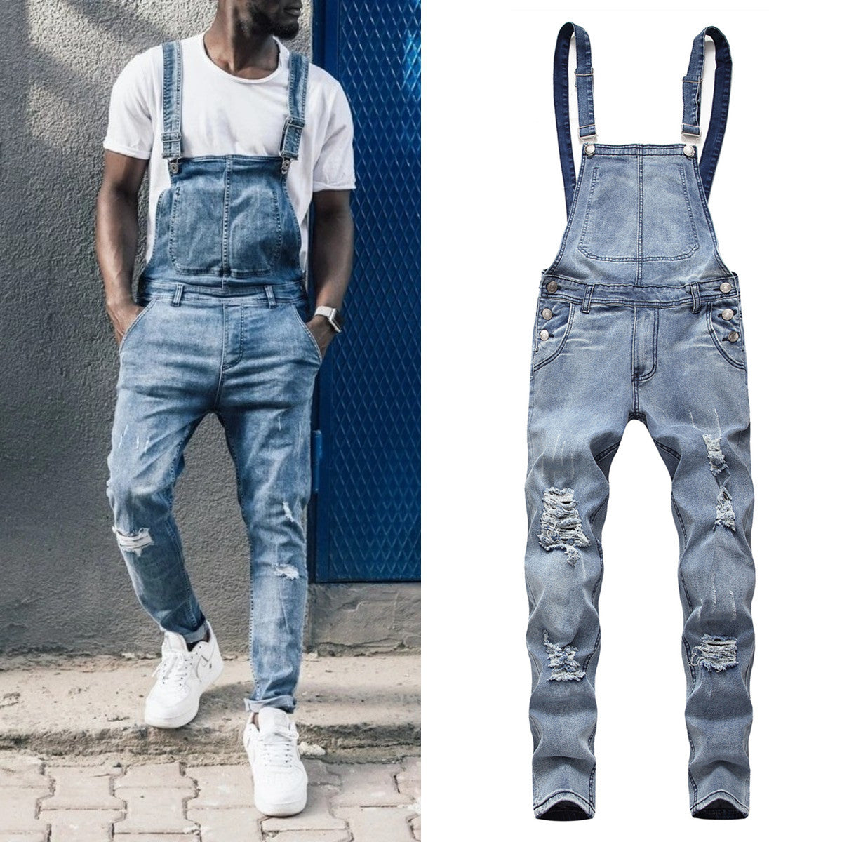 Men's denim overalls slim fit ripped jeans