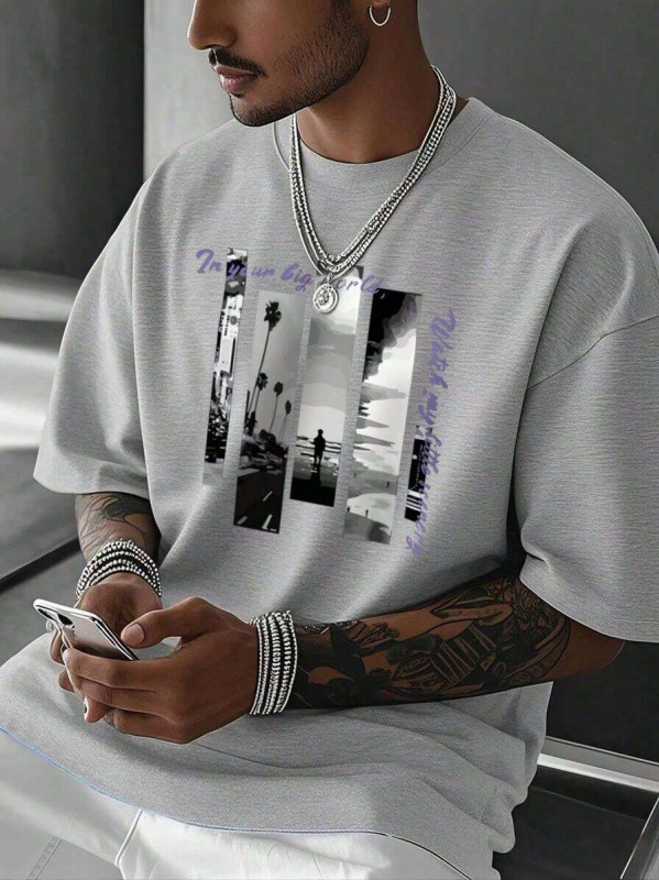 Men's Cotton Short Sleeve T-Shirt Vintage Scenery Graphic Crew Neck Casual Tee