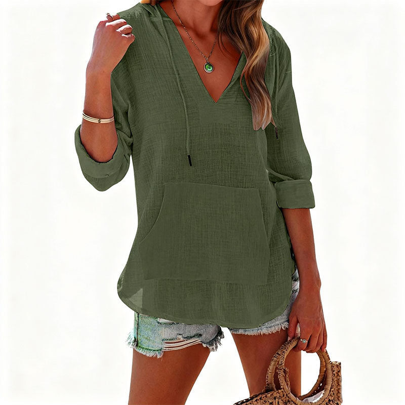 Beach Long-Sleeve V-Neck Hooded Shirt