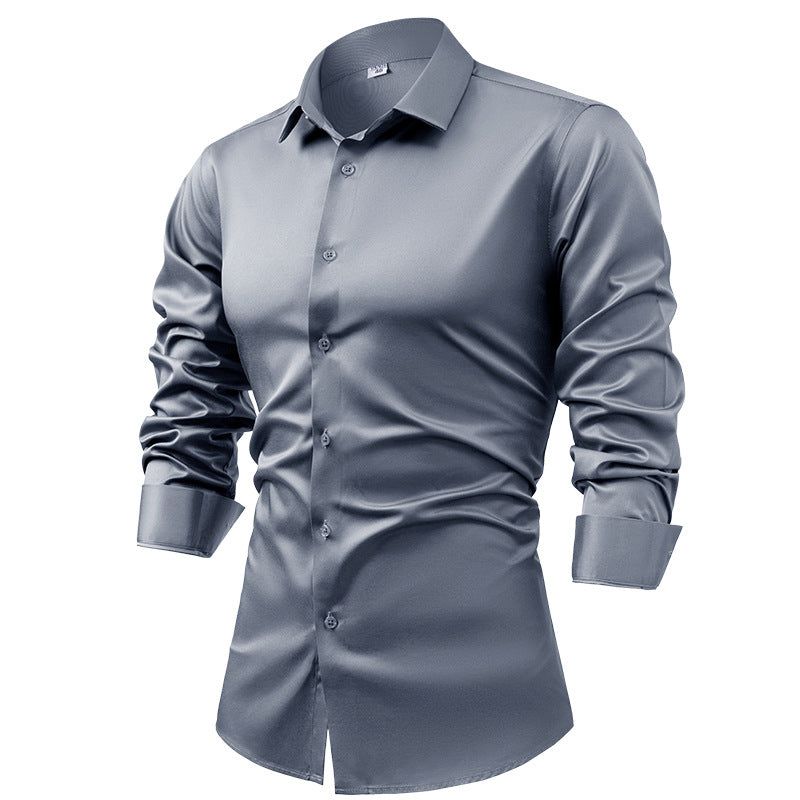 Men's silk satin long-sleeved dress shirt, business casual button-down shirt