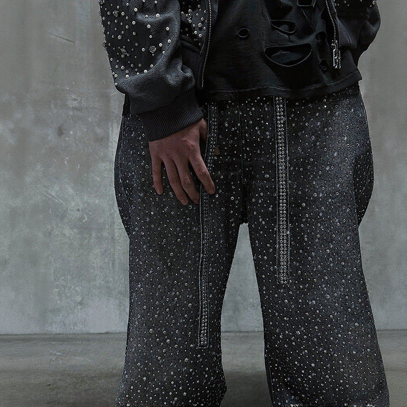Men's Sparkling Diamond-Encrusted Jeans with Diamond Belt - High Street Style Long Pants