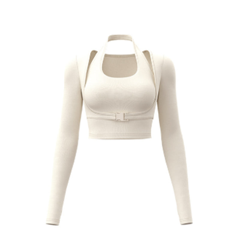 Halter Neck Layered Long Sleeve Yoga Crop Top